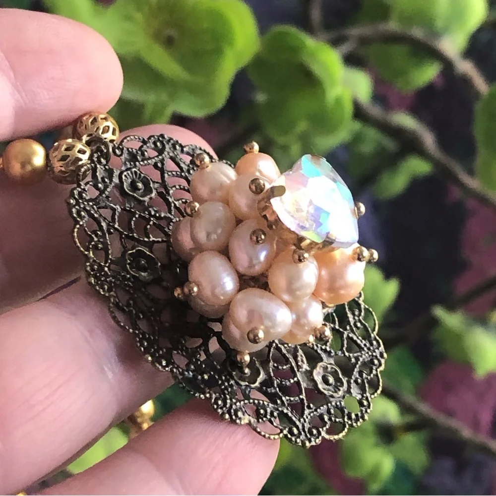 Handcrafted repurpose pearl cluster filigree pendant Czech glass Pearl necklace